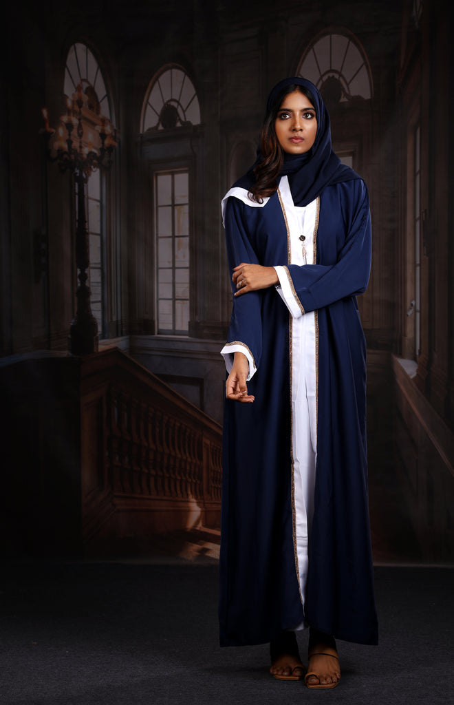 Haya Blue with White Inner Luxury Exclusive Abaya Elastic Sleeves Nida - Madyna
