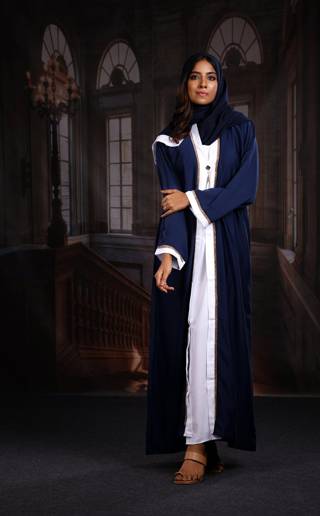 Haya Blue with White Inner Luxury Exclusive Abaya Elastic Sleeves Nida - Madyna