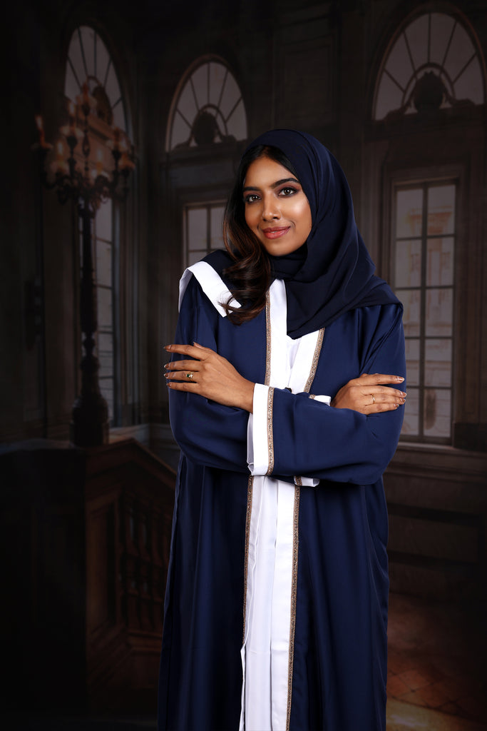 Haya Blue with White Inner Luxury Exclusive Abaya Elastic Sleeves Nida - Madyna