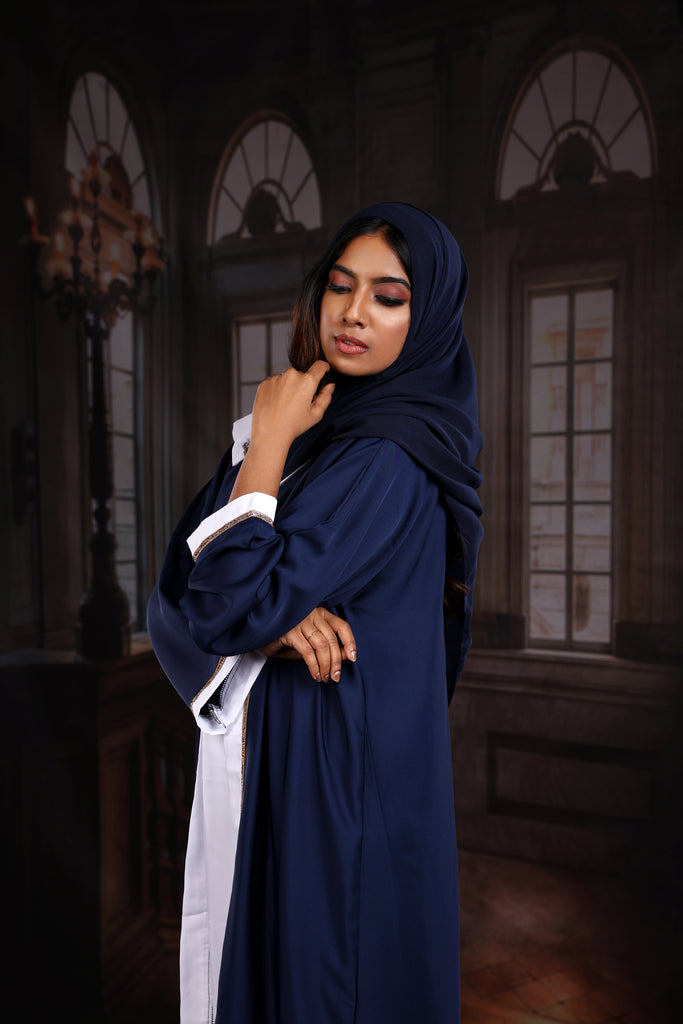 Haya Blue with White Inner Luxury Exclusive Abaya Elastic Sleeves Nida - Madyna