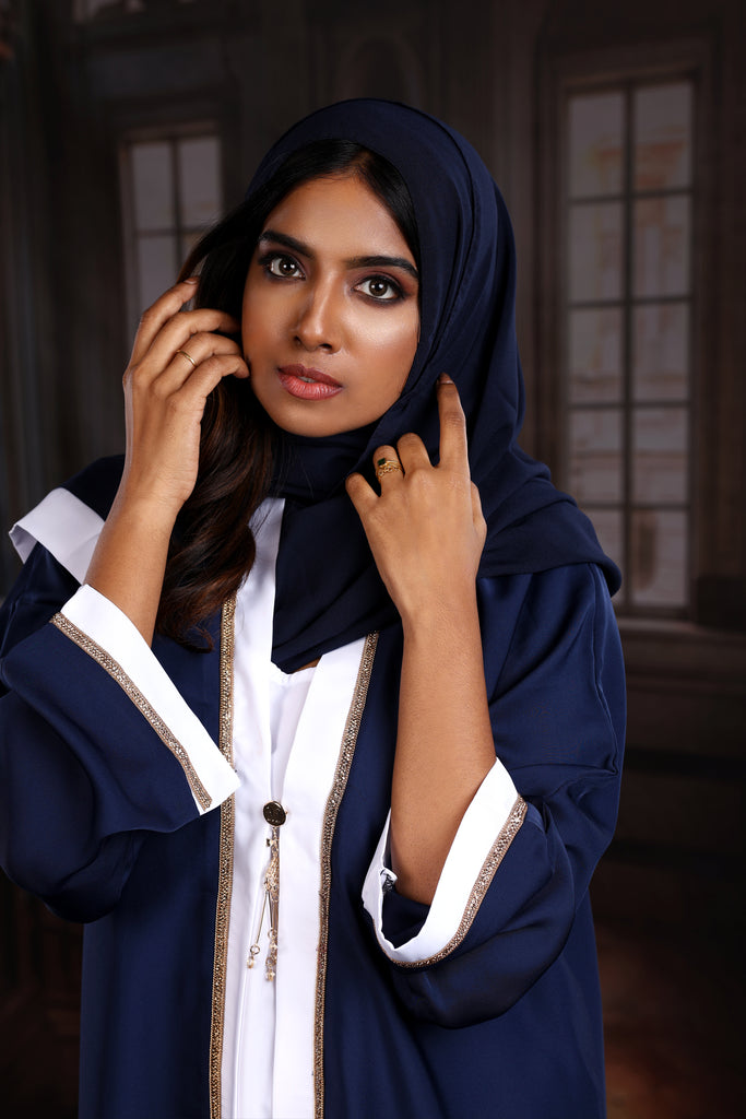 Haya Blue with White Inner Luxury Exclusive Abaya Elastic Sleeves Nida - Madyna