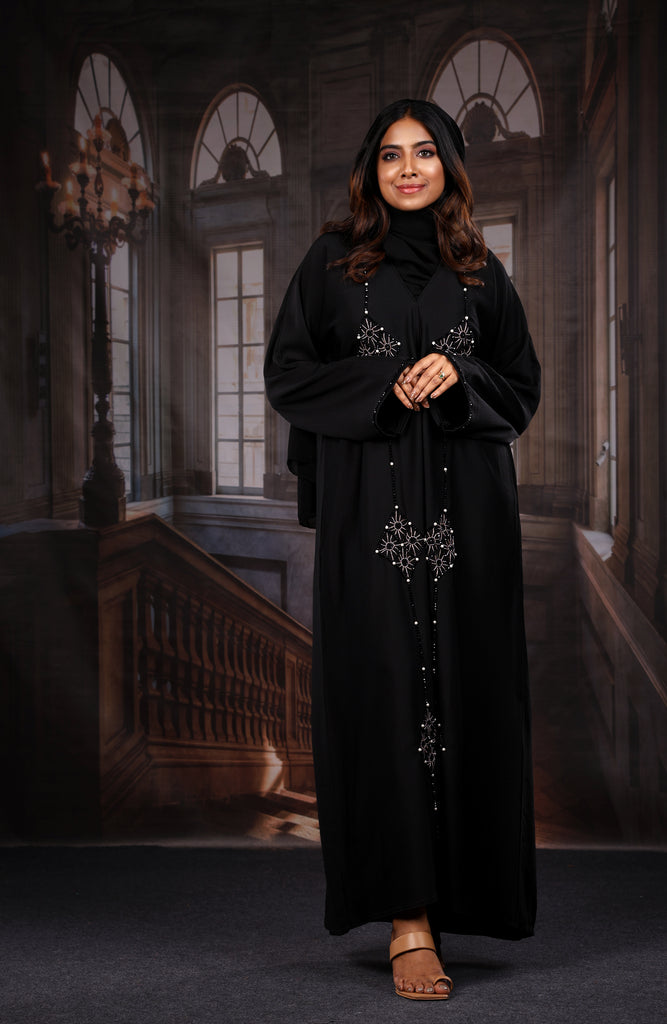 Maria Luxury Abaya Black with Embroidered Frontal Design Exclusive Look - Madyna