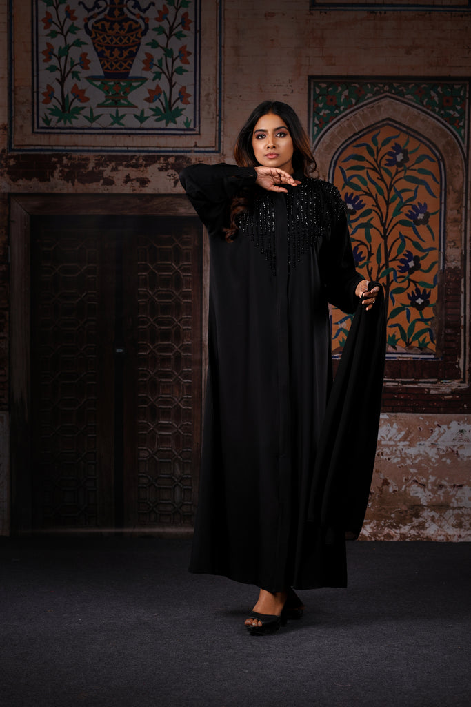 Sawdah Black Luxury Abaya with Black Beads Beautiful Design - Madyna