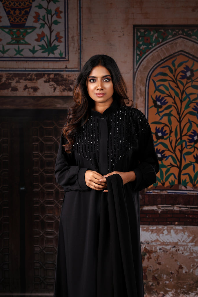 Sawdah Black Luxury Abaya with Black Beads Beautiful Design - Madyna