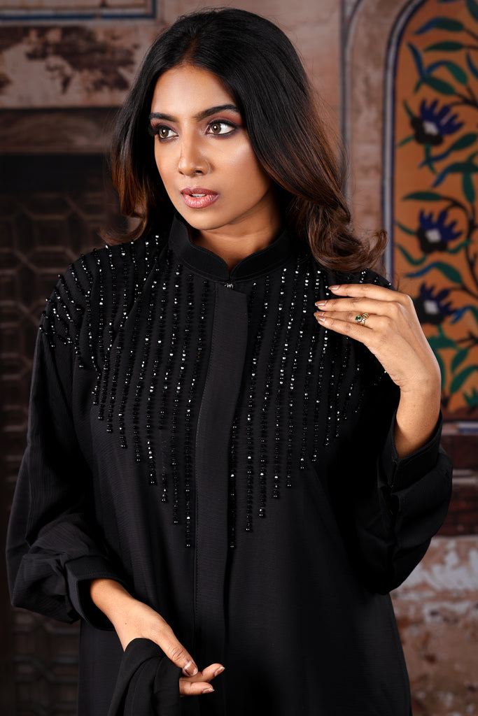 Sawdah Black Luxury Abaya with Black Beads Beautiful Design - Madyna