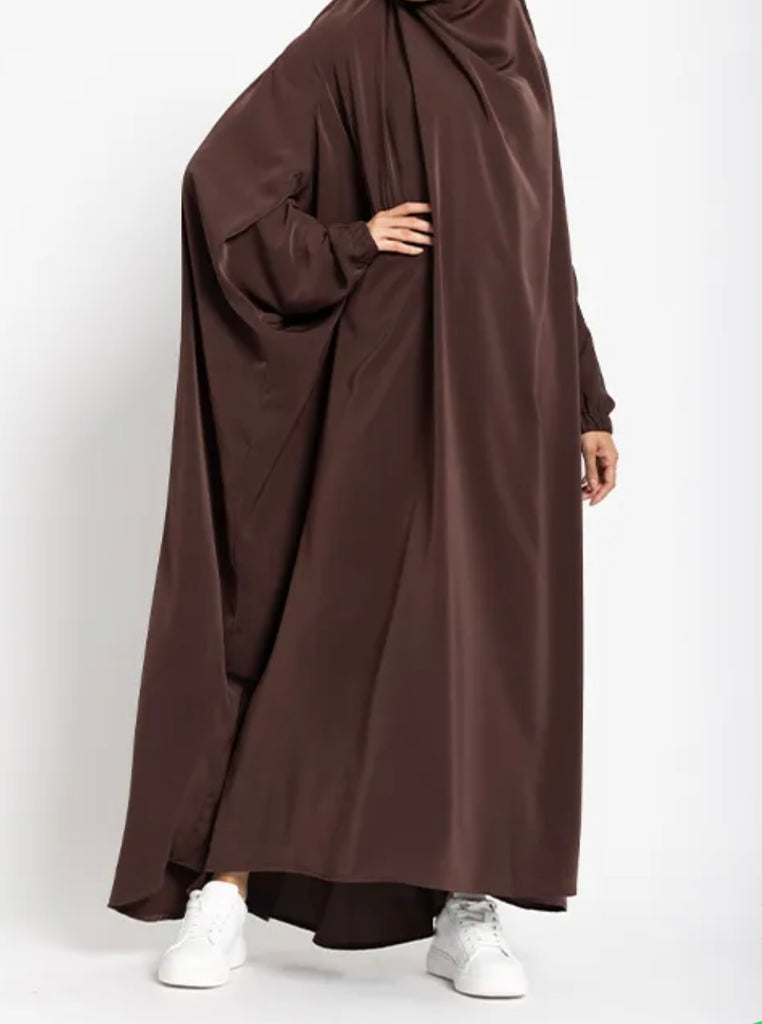 BROWN ONE PIECE LONG JILBAB KHIMAR ABAYA JHUBBA LADIES ROBE WITH SCARF LOOSE FIT - Madyna