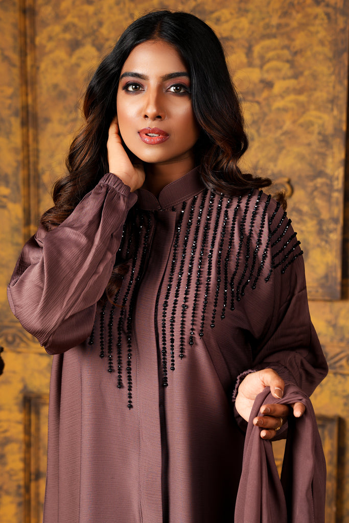 Sawdah Purple Luxury Abaya with Black Beads Beautiful Design - Madyna