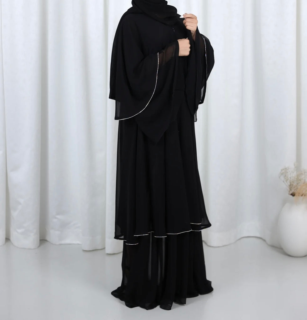 Layla Black layered abaya with Diamanté trim - Madyna