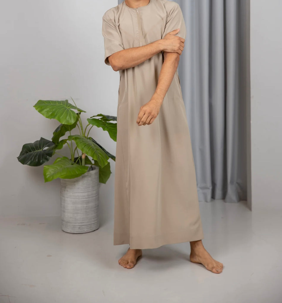Dark Beige Premium Half Sleeve Emirati Thobe | Jubba | Kandura - Madyna