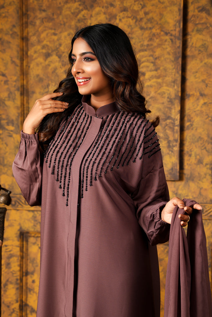 Sawdah Purple Luxury Abaya with Black Beads Beautiful Design - Madyna