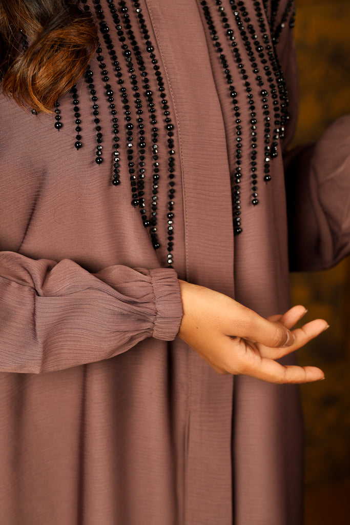 Sawdah Purple Luxury Abaya with Black Beads Beautiful Design - Madyna