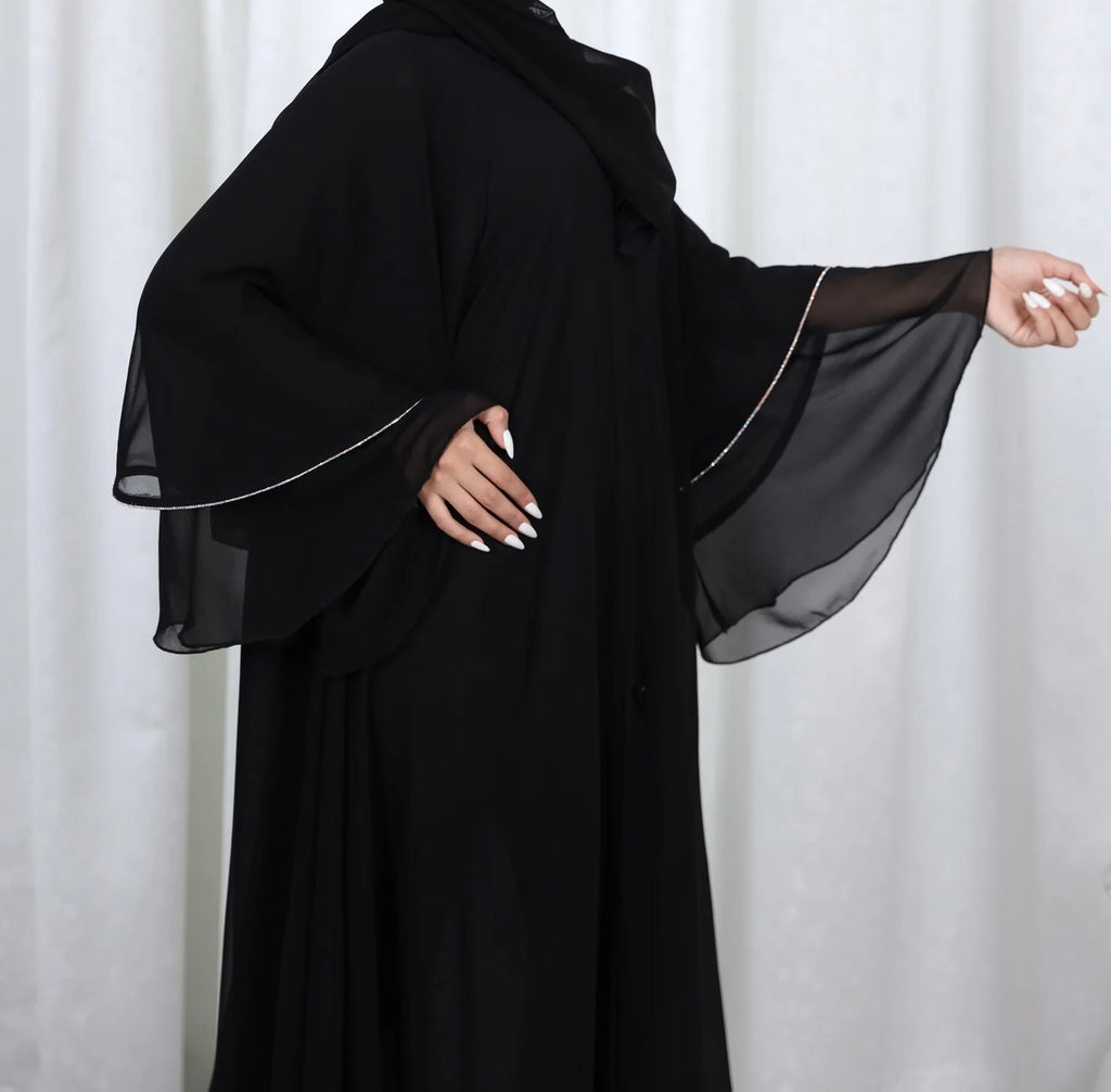 Layla Black layered abaya with Diamanté trim - Madyna