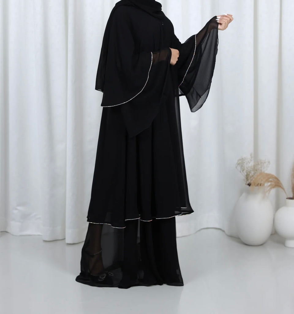 Layla Black layered abaya with Diamanté trim - Madyna