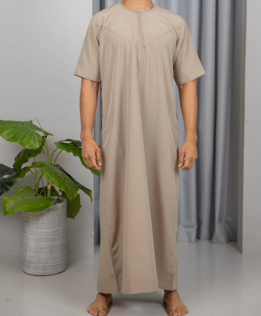 Dark Beige Premium Half Sleeve Emirati Thobe | Jubba | Kandura - Madyna