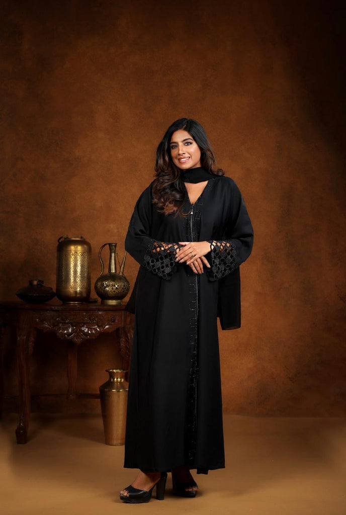 Aaliyah Black Comfort Abaya Full Zip Unique Sleeve Design - Madyna