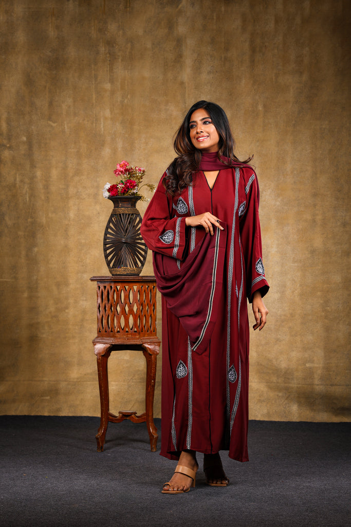 Safa Abaya Dress Design Arabic Long Robe Black / Maroon - Madyna