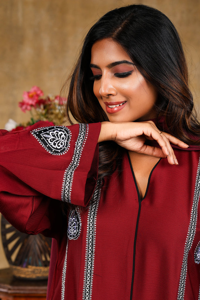 Safa Abaya Dress Design Arabic Long Robe Black / Maroon - Madyna