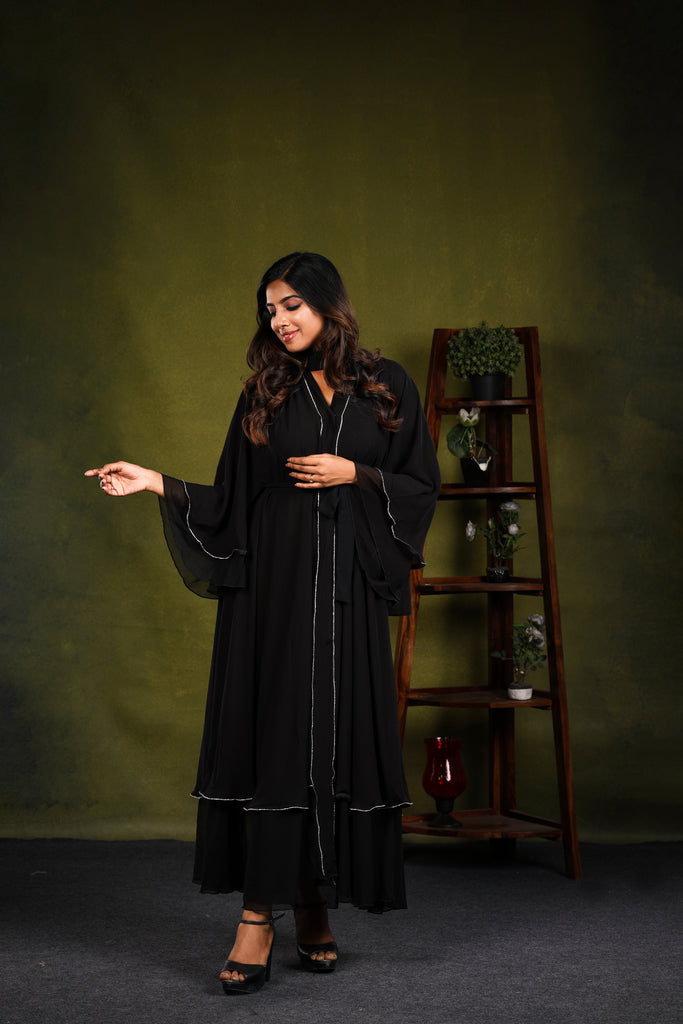 Layla Black layered abaya with Diamanté trim - Madyna