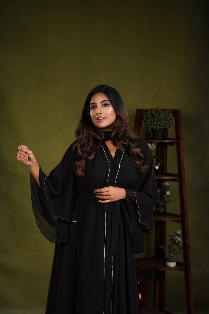 Layla Black layered abaya with Diamanté trim - Madyna