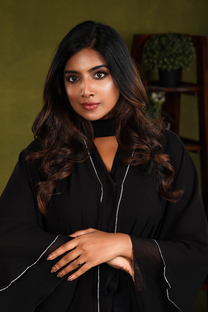 Layla Black layered abaya with Diamanté trim - Madyna