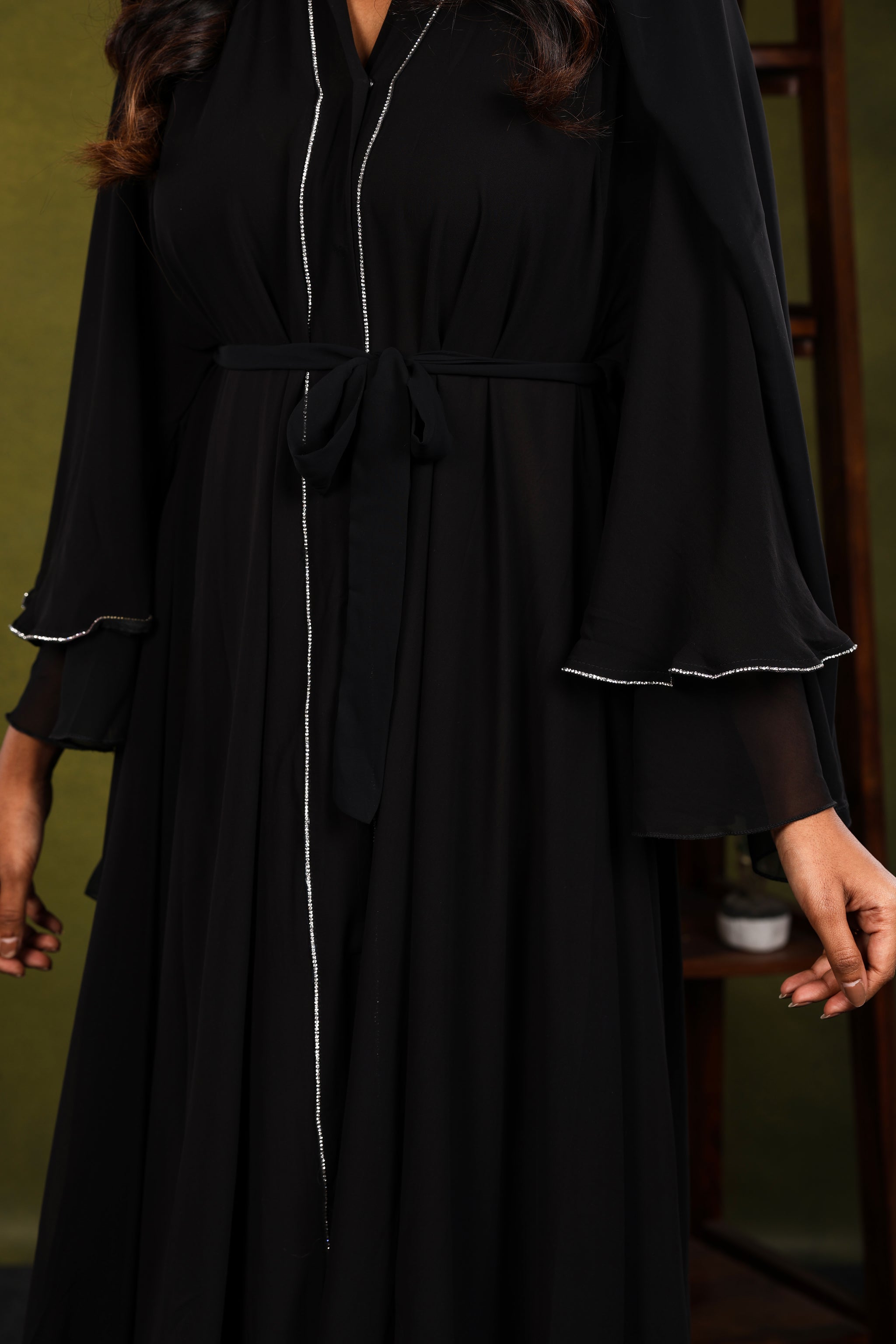 open lace back dress Layla Layered Black Abaya UK with Diamant trim Elegant Modest Dress fo –  Madyna