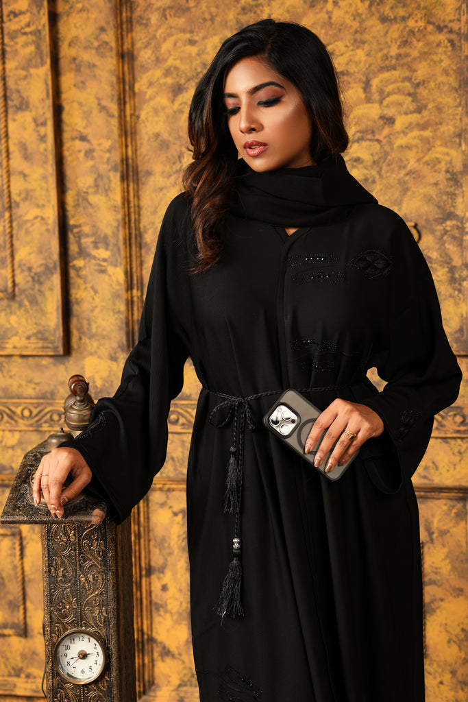 Zoya Black Closed Abaya with Embroidery and Stonework Exclusive Design - Madyna