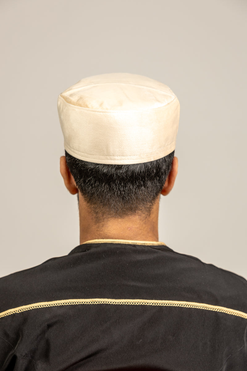 Men’s Beige / Cream Velvet Muslim Prayer Topi / Islamic Cap / Arabic H ...
