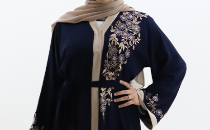 Front open Black Abaya with Flower Embroidery - Madyna