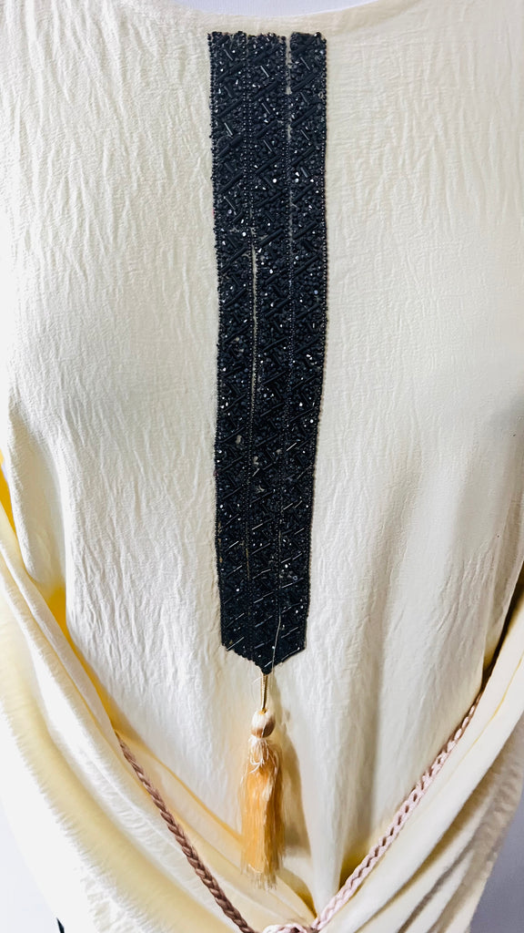 Cream Abaya Dress With Black Contrast Stone Work Elastic Sleeves - Madyna