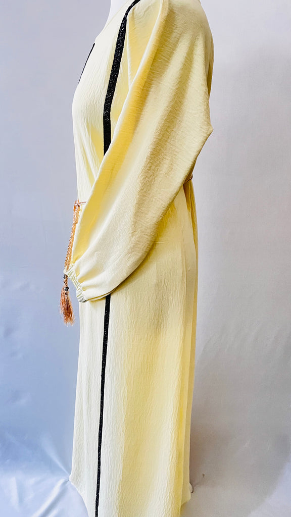 Cream Abaya Dress With Black Contrast Stone Work Elastic Sleeves - Madyna
