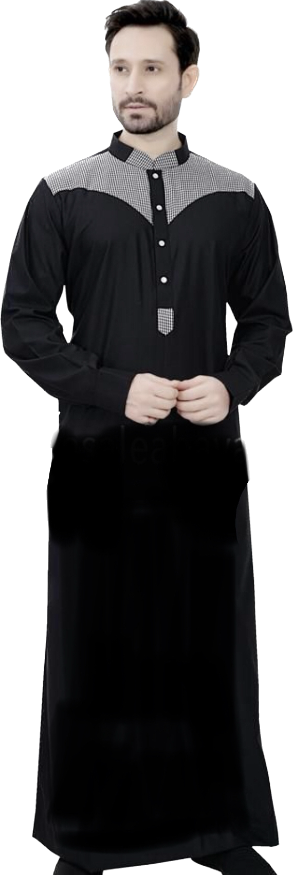 Men’s Black with Checks / Chequered Design Collared Thobe / Jubba - Madyna