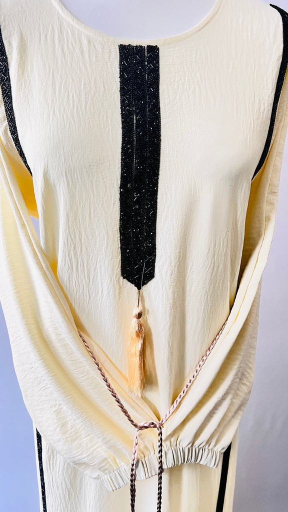 Cream Abaya Dress With Black Contrast Stone Work Elastic Sleeves - Madyna