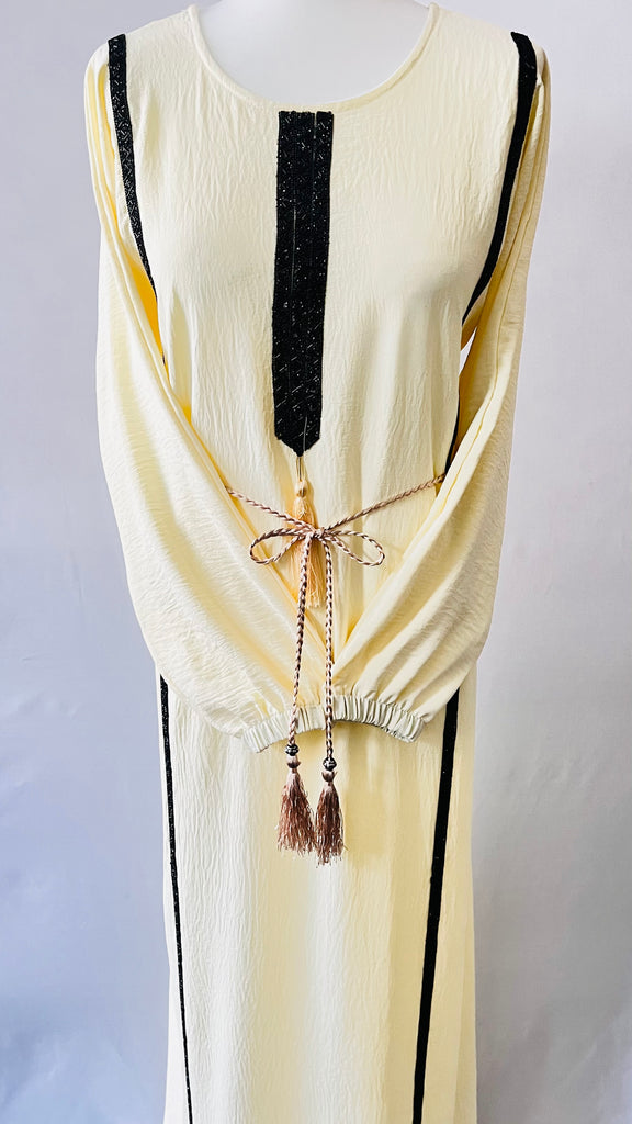 Cream Abaya Dress With Black Contrast Stone Work Elastic Sleeves - Madyna