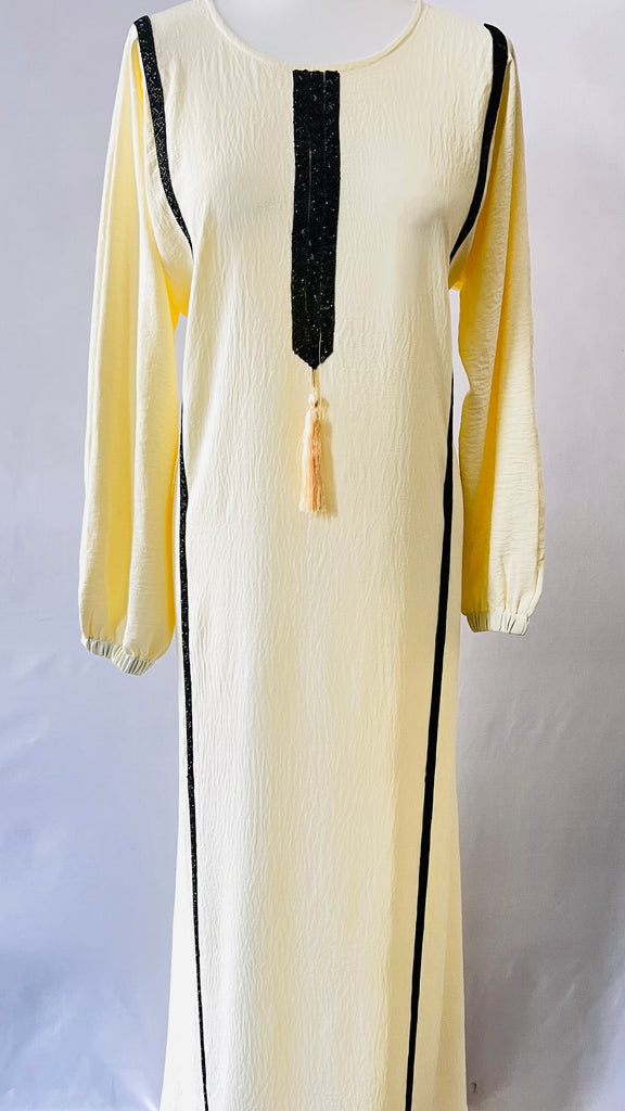 Cream Abaya Dress With Black Contrast Stone Work Elastic Sleeves - Madyna