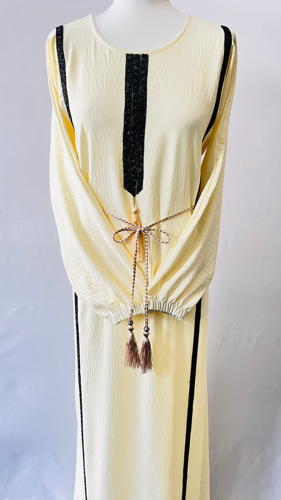Cream Abaya Dress With Black Contrast Stone Work Elastic Sleeves - Madyna