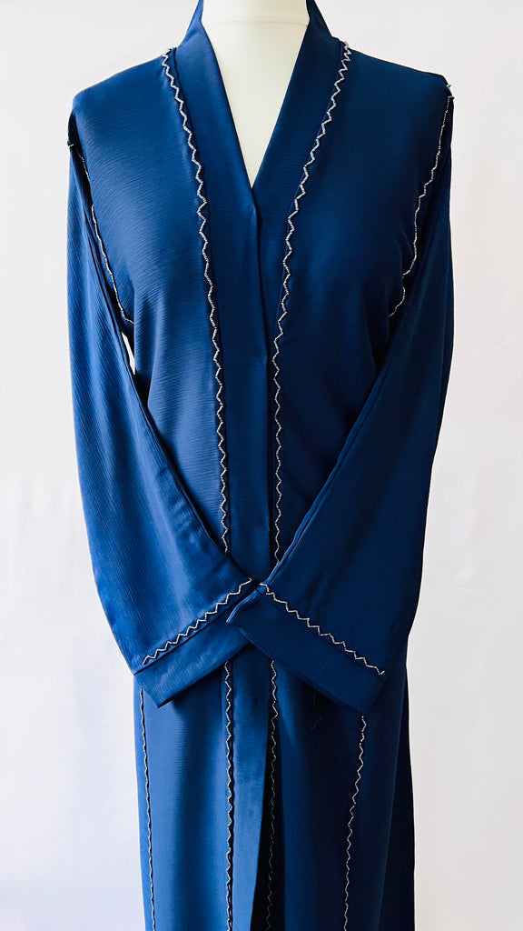 Navy Blue Front Open Dubai Abaya With Beadwork Exclusive Design - Madyna