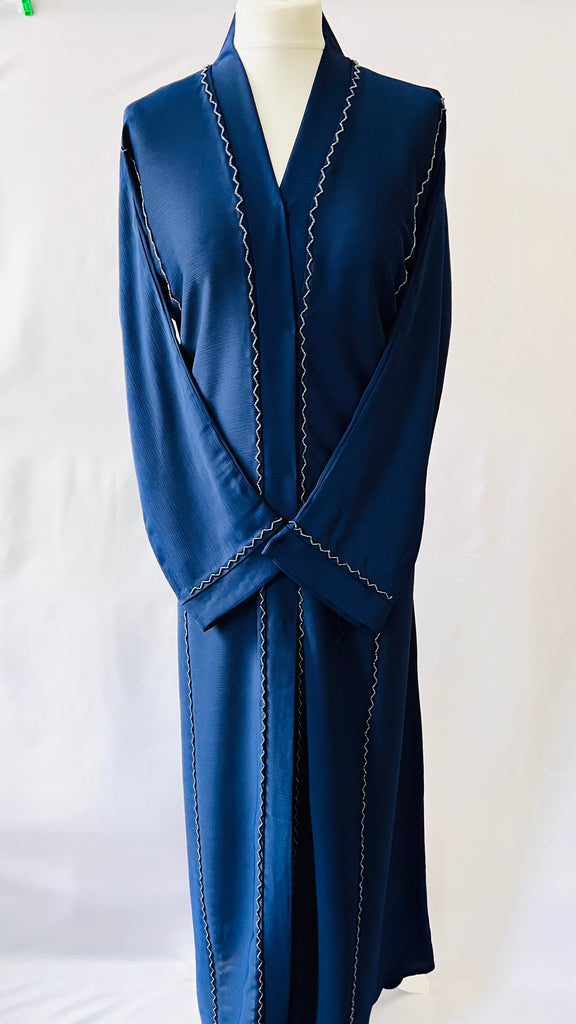 Navy Blue Front Open Dubai Abaya With Beadwork Exclusive Design - Madyna