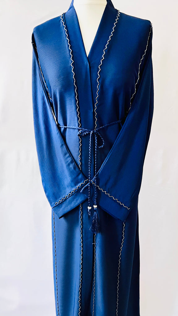 Navy Blue Front Open Dubai Abaya With Beadwork Exclusive Design - Madyna