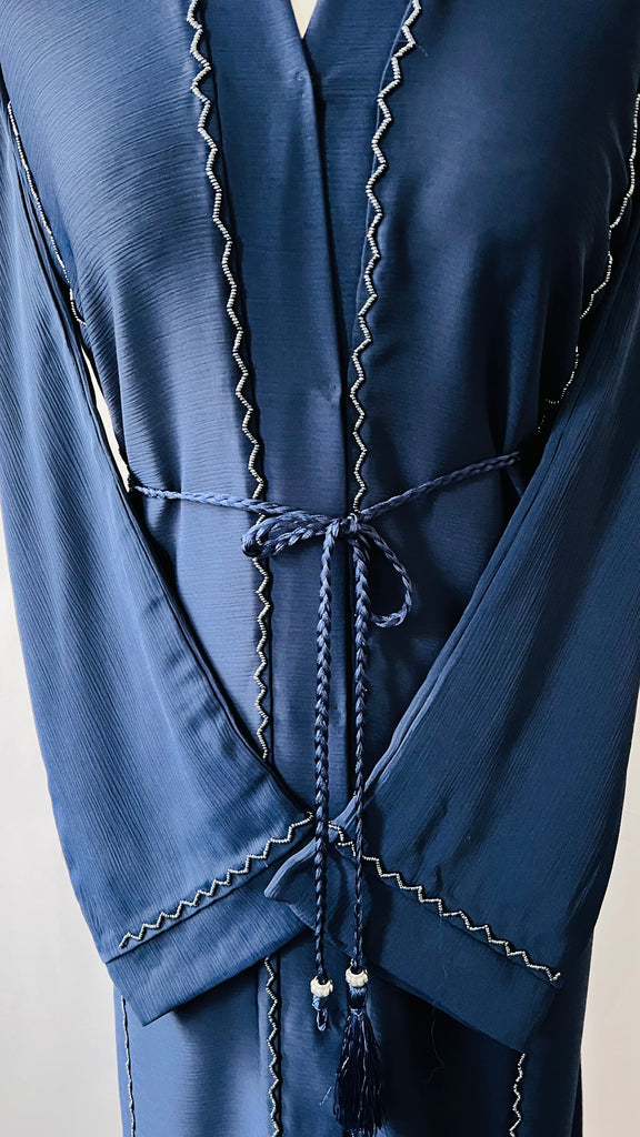 Navy Blue Front Open Dubai Abaya With Beadwork Exclusive Design - Madyna