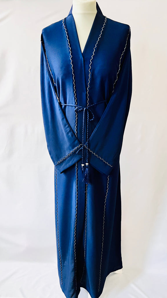 Navy Blue Front Open Dubai Abaya With Beadwork Exclusive Design - Madyna