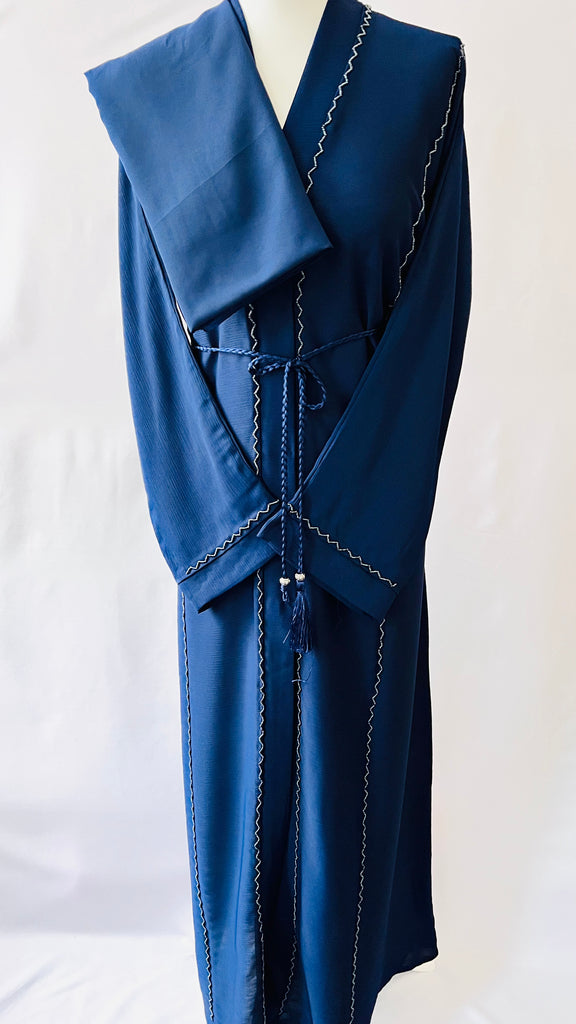 Navy Blue Front Open Dubai Abaya With Beadwork Exclusive Design - Madyna