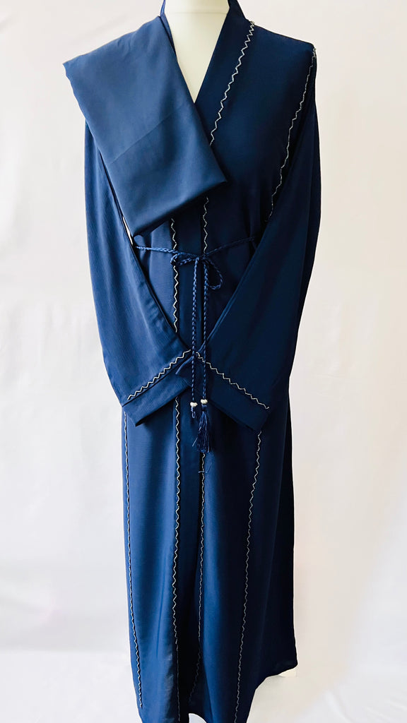 Navy Blue Front Open Dubai Abaya With Beadwork Exclusive Design - Madyna