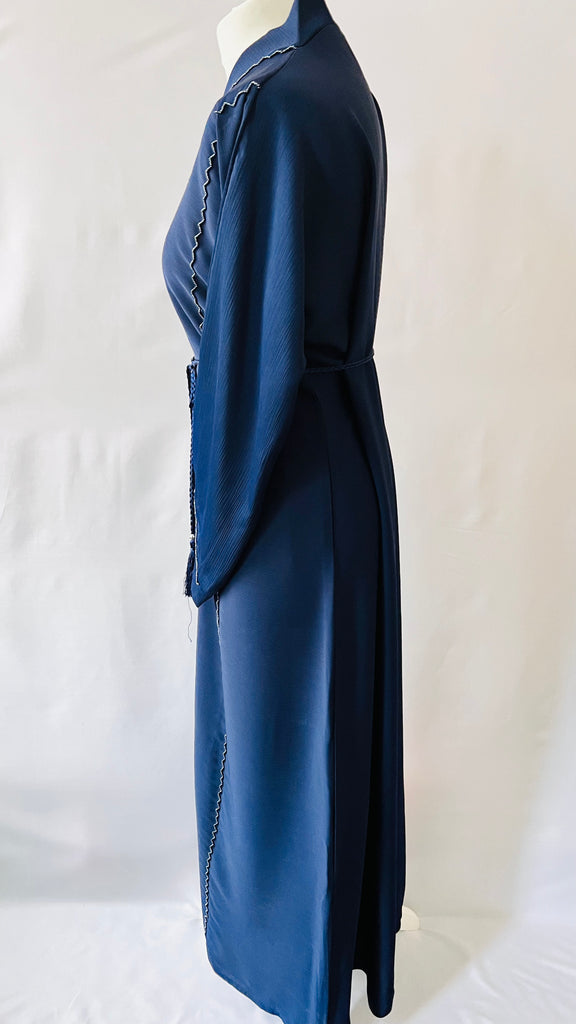 Navy Blue Front Open Dubai Abaya With Beadwork Exclusive Design - Madyna