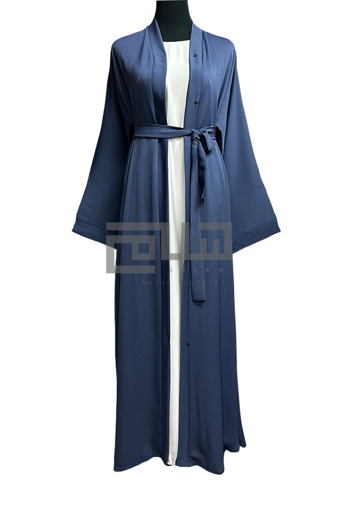 Zoom Crinkle Fabric Front open Abaya with Buttons and Belt - Madyna