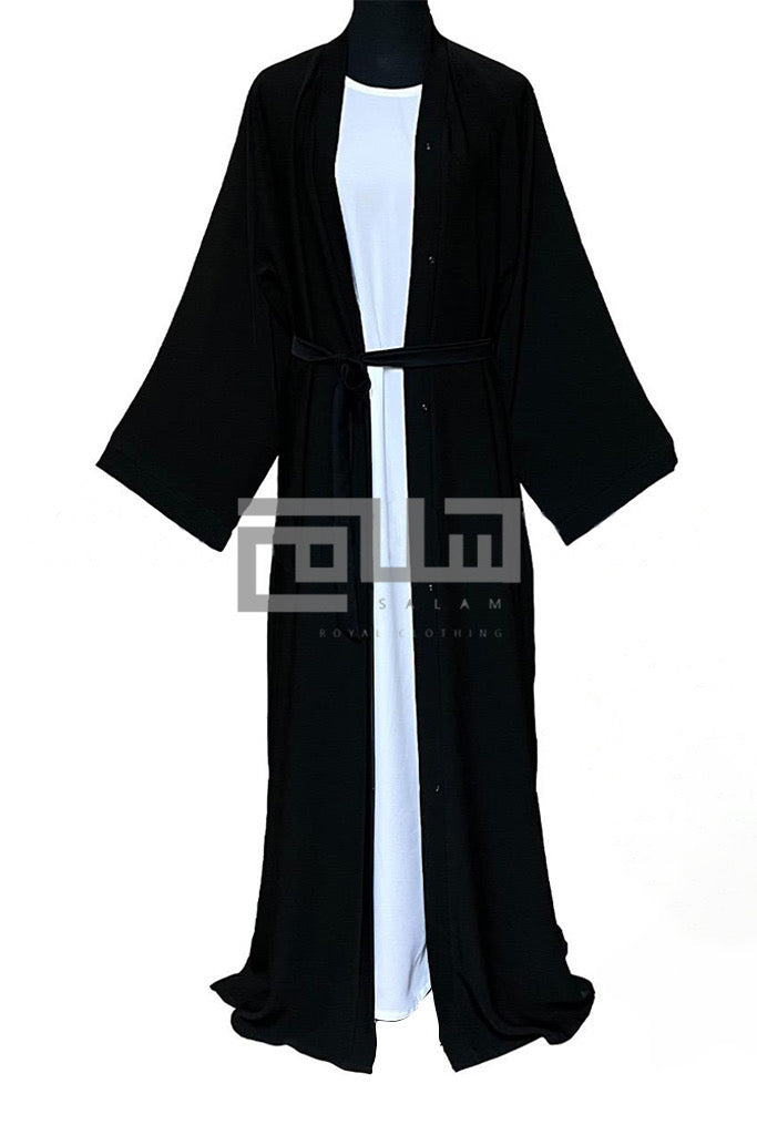 Black Front Open Abaya Nida Fabric With Buttons and Belt (open abaya , plain abaya) - Madyna
