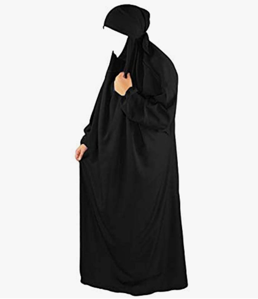BLACK ONE PIECE LONG JILBAB KHIMAR ABAYA JHUBBA LADIES ROBE WITH SCARF LOOSE FIT - Madyna